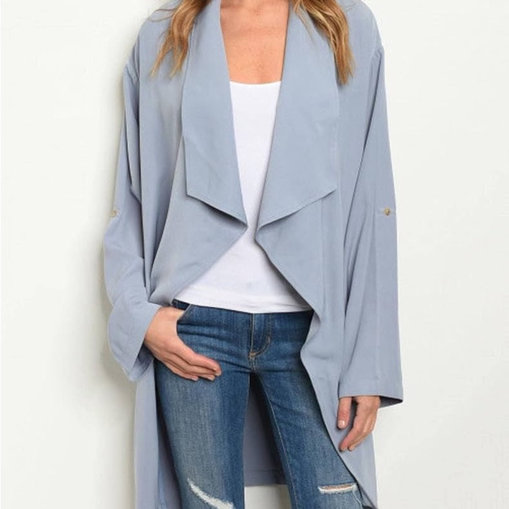 NWT Light Blue Draped Open Front Trench Coat style size medium
